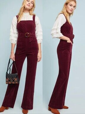Anthropologie Pilcro Burgundy Leather Corduroy Jumpsuit Overalls Wide Leg Sz 12